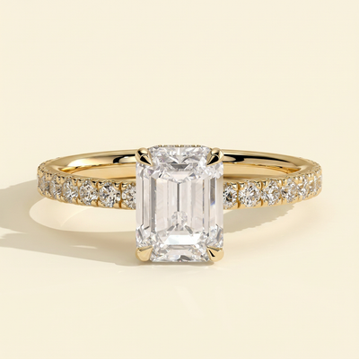 The Priel - Emerald Cut Lab Grown Diamond Solitaire with Wrap Around Hidden Halo Engagement Ring