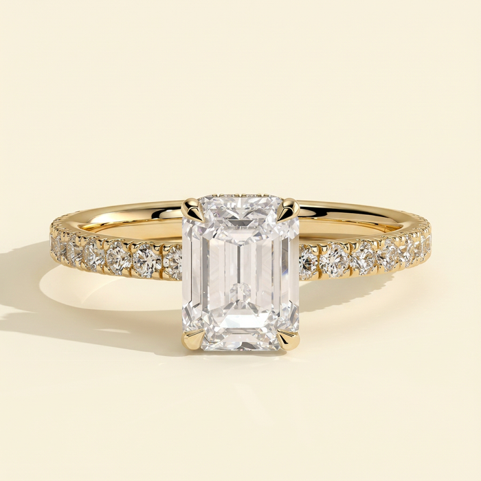 The Priel - Emerald Cut Lab Grown Diamond Solitaire with Wrap Around Hidden Halo Engagement Ring