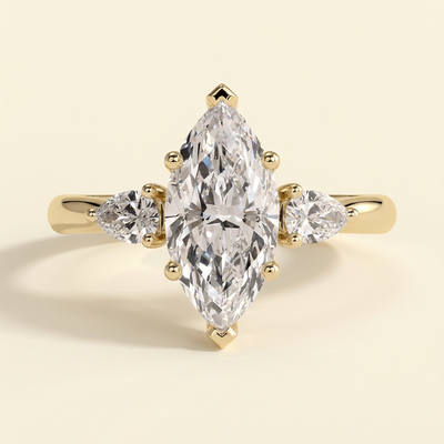 The Belaria - Marquise Cut Lab Grown Diamond Three Stone Engagement Ring with Pear Side Stones