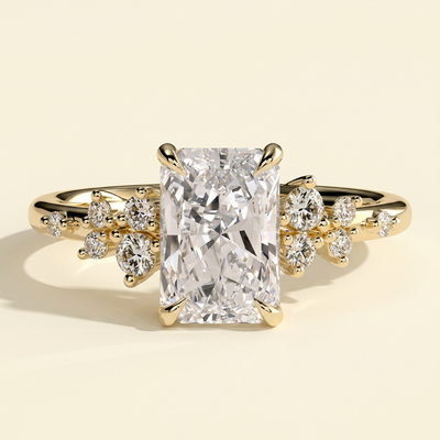 The Jorelle - Radiant Cut Lab Grown Diamond Solitaire with Clustered Round Shoulder Stones Engagement Ring