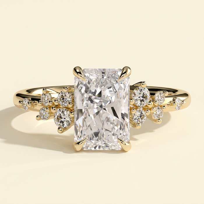 The Jorelle - Radiant Cut Lab Grown Diamond Solitaire with Clustered Round Shoulder Stones Engagement Ring