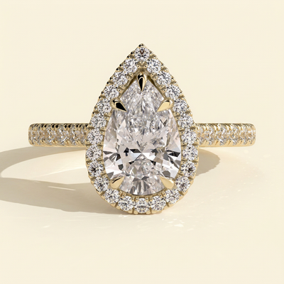 The Ines - Pear Cut Lab Grown Diamond Five Claw Halo with Pave Band Engagement Ring