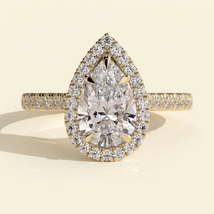 The Ines - Pear Cut Lab Grown Diamond Five Claw Halo with Pave Band Engagement Ring