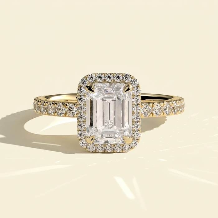 The Dorea - Emerald Lab Grown Diamond Halo Engagement Ring with Pave Band