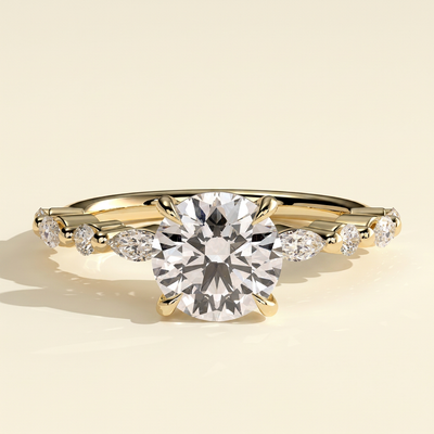 The Larina - Round Cut Lab Grown Diamond Claw Solitaire with Marquise and Round Accent Band Engagement Ring