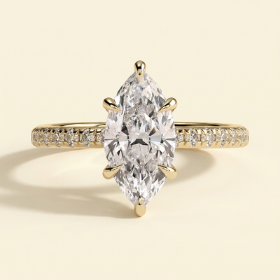 The Farelle - Marquise Cut Lab Grown Diamond Hidden Halo Solitaire with Pave Band Engagement Ring