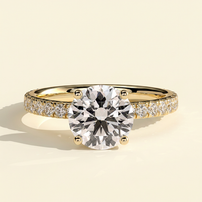 The Elena - Round Cut Lab Grown Diamond Solitaire with Hidden Halo and Pave Band Engagement Ring