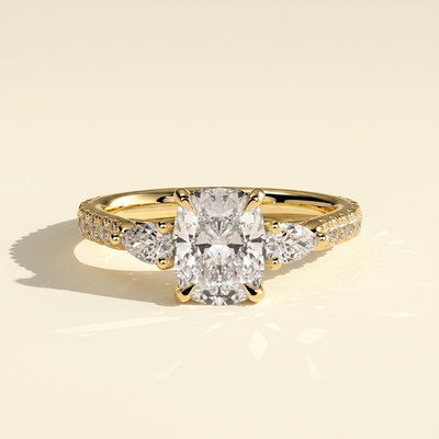 The Lyra - Elongated Cushion Cut Lab Grown Diamond Three Stone with Pave Band Engagement Ring