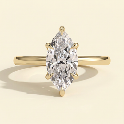 The Mira - Marquise Cut Lab Grown Diamond Six Claw Solitaire with Hidden Halo, Cathedral Setting Engagement Ring