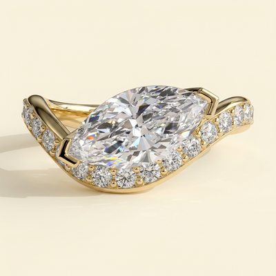 The Inara - Marquise Cut Lab Grown Diamond East West V Tipped Claw with Pave Wave Band Engagement Ring