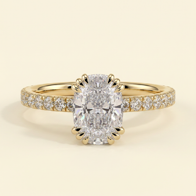 The Sera - Elongated Cushion Cut Lab Grown Diamond Triple Claw Solitaire with Pave Band Engagement Ring