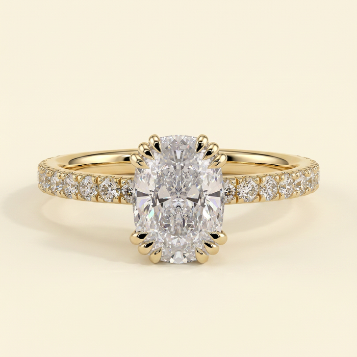 The Sera - Elongated Cushion Cut Lab Grown Diamond Triple Claw Solitaire with Pave Band Engagement Ring