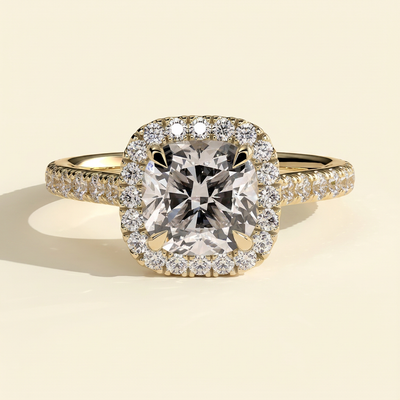 The Soleia - Cushion Cut Lab Grown Diamond Halo with Pave Band and Cathedral Setting Engagement Ring