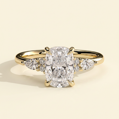 The Verelle - Elongated Cushion Cut Lab Grown Diamond Three Stone Engagement Ring with Pear and Round Side Stones