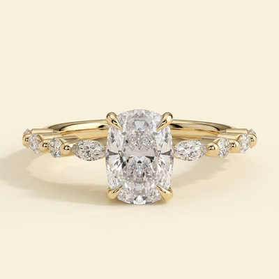 The Averie - Elongated Cushion Lab Diamond Solitaire with Marquise and Round Accent Stones Ring