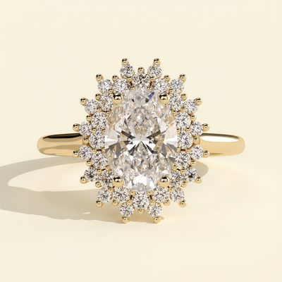 The Lucida - Oval Cut Lab Grown Diamond Double Sunburst Halo Engagement Ring with Cathedral High Setting