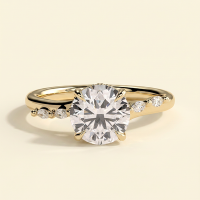 The Stelle - Round Cut Lab Grown Diamond Hidden Halo Solitaire with Opposing Marquise Accent Band Engagement Ring