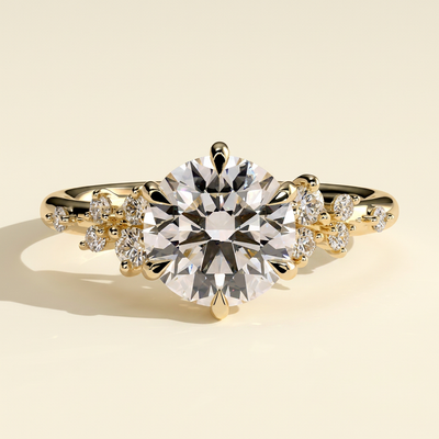 The Zephyra - Round Cut Lab Grown Diamond Basket Set Solitaire with Clustered Round Shoulder Stones Engagement Ring