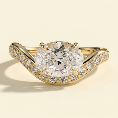 The Tesora - Oval Cut Lab Grown Diamond East West Solitaire with Bead Set Pave Wave Band Engagement Ring