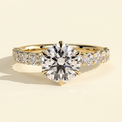The Levana - Round Cut Lab Grown Diamond Six Claw Solitaire with Half Eternity Band Engagement Ring