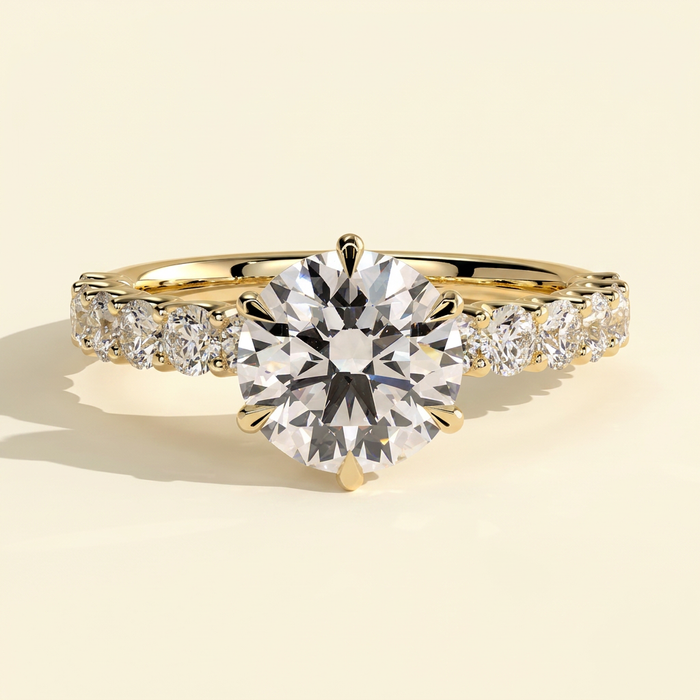 The Levana - Round Cut Lab Grown Diamond Six Claw Solitaire with Half Eternity Band Engagement Ring