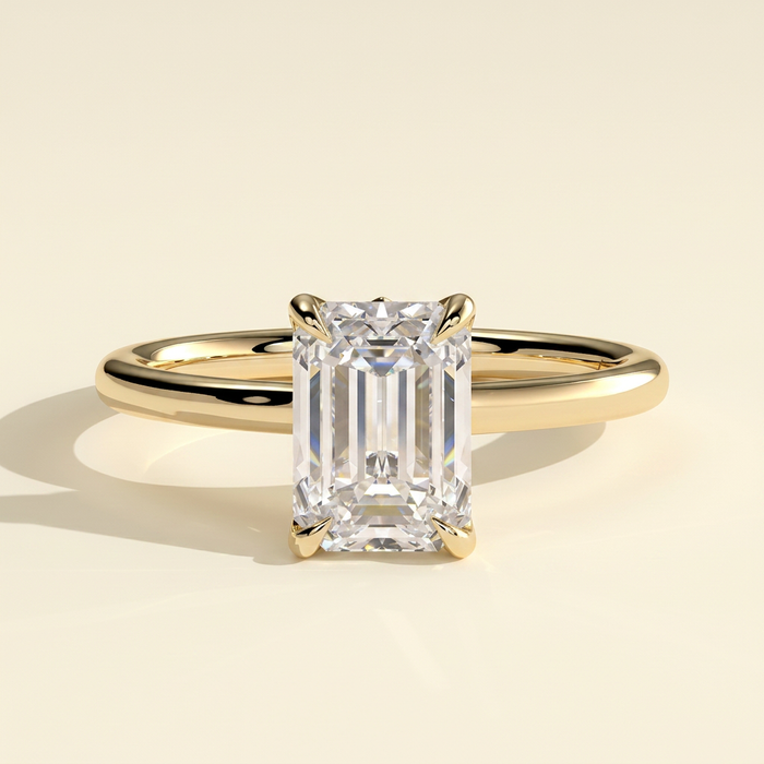 The Luvelle - Emerald Cut Lab Grown Diamond Claw Solitaire with Petal Gallery and Accent Leaf Detail Engagement Ring