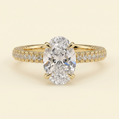 The Nella - Oval Cut Lab Grown Diamond Hidden Halo Solitaire with Triple Pave Band Engagement Ring