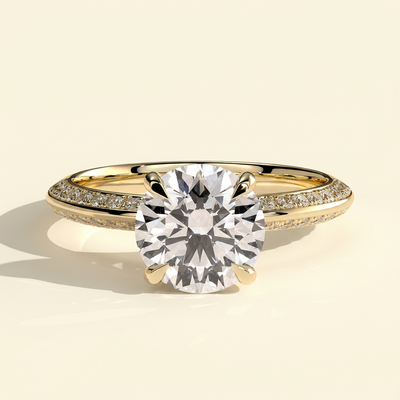 The Zaria - Round Cut Lab Grown Diamond Hidden Halo Solitaire with Knife Edge Pave Band Engagement Ring