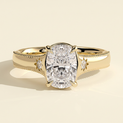 The Elysse - Elongated Cushion Cut Lab Grown Diamond Vintage Bezel Solitaire with Star Set Accents and Milgrain Engagement Ring
