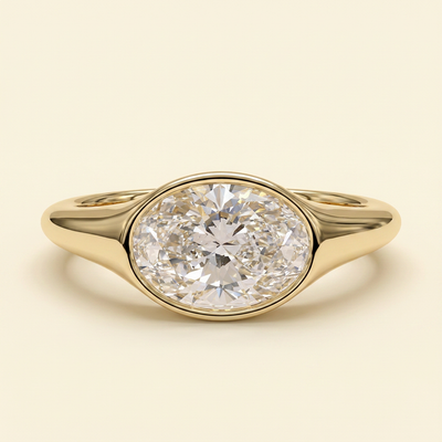 The Colette - Oval Cut Lab Grown Diamond East West Bezel Set Solitaire with Signet Band Engagement Ring