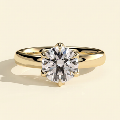 The Rina - Round Cut Lab Grown Diamond Low Set Solitaire with Petal Claws and Cigar Band