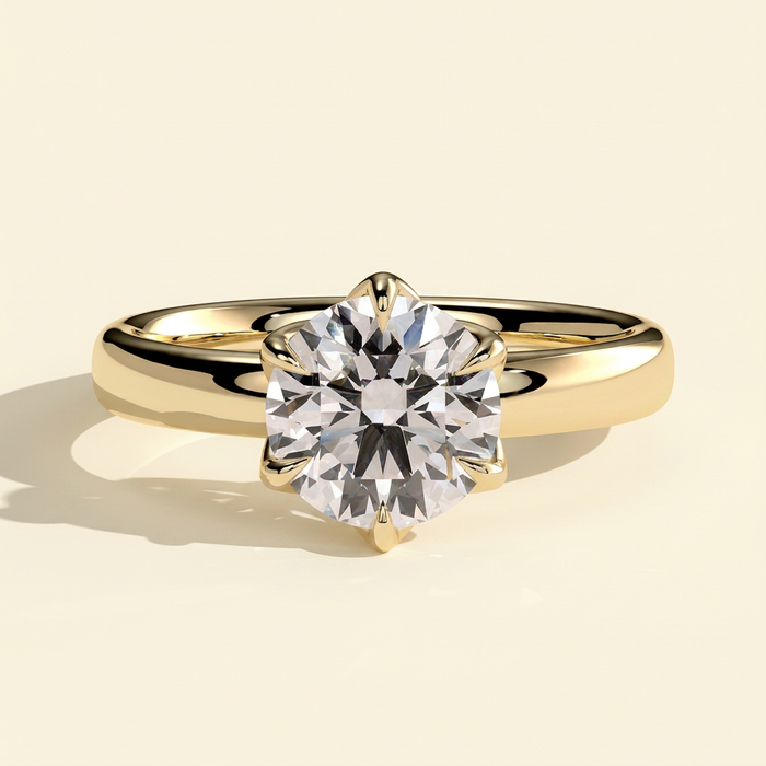 The Rina - Round Cut Lab Grown Diamond Low Set Solitaire with Petal Claws and Cigar Band