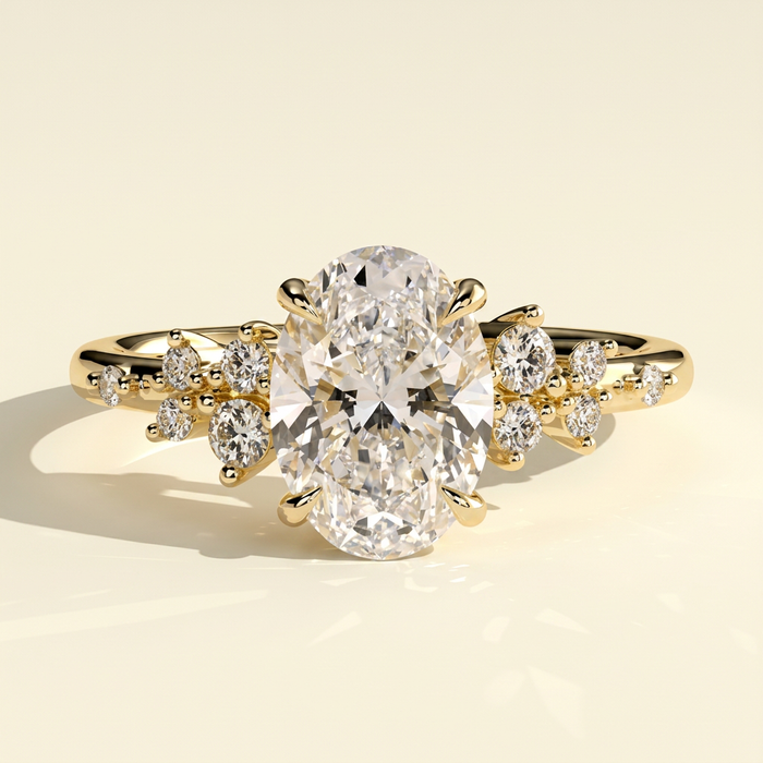 The Kessa - Oval Lab Grown Diamond Solitaire with Clustered Round Shoulder Stones Ring