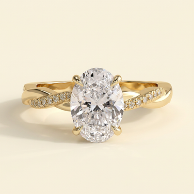 The Runa - Oval Cut Lab Grown Diamond Hidden Halo Solitaire with Braided Pave Band Engagement Ring