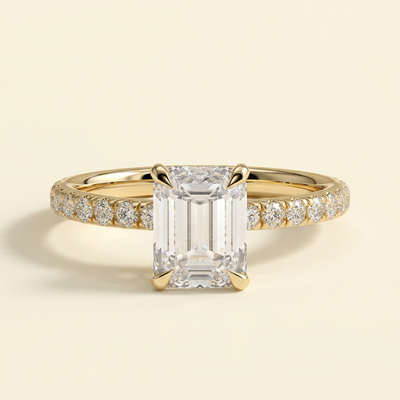 The Livia - Emerald Cut Lab Grown Diamond Solitaire Engagement Ring with Hidden Halo and Pave Band