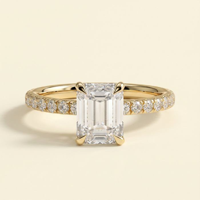 The Livia - Emerald Cut Lab Grown Diamond Solitaire Engagement Ring with Hidden Halo and Pave Band