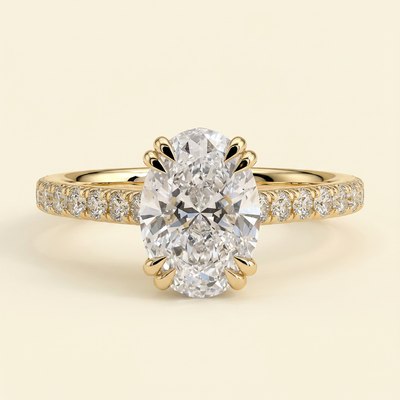 The Arvelle - Oval Cut Lab Grown Diamond Double Claw Solitaire with Hidden Halo and Pave Band Engagement Ring