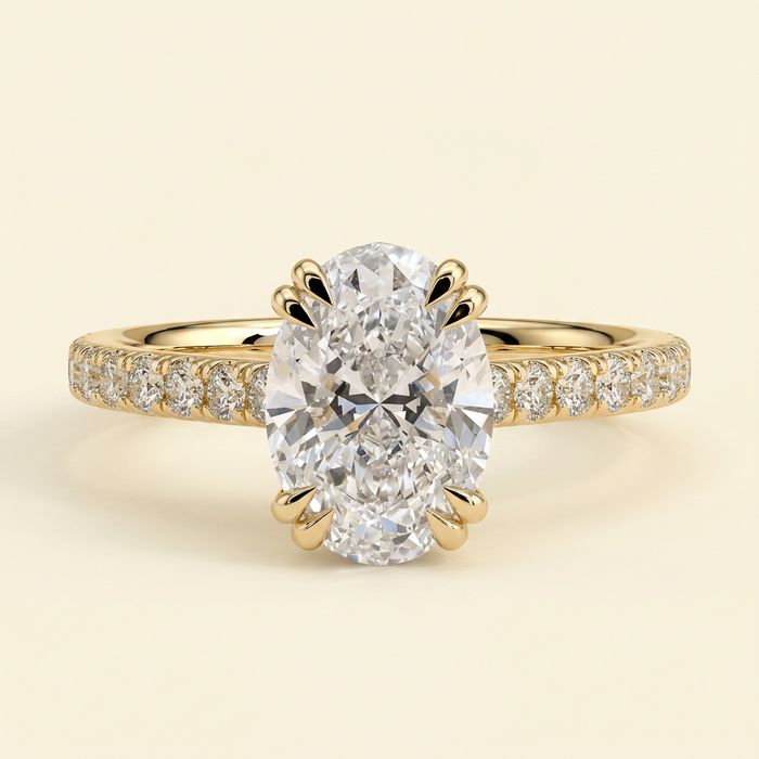 The Arvelle - Oval Cut Lab Grown Diamond Double Claw Solitaire with Hidden Halo and Pave Band Engagement Ring