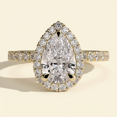 The Minelle - Pear Cut Lab Grown Diamond Three Claw Halo with Pave Band Engagement Ring