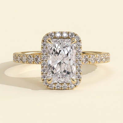 The Ezara - Radiant Cut Lab Grown Diamond Solitaire with Halo and Pave Band Engagement Ring