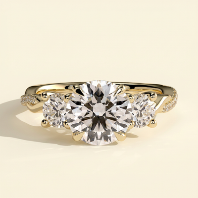 The Golda - Round Cut Lab Grown Diamond Three Stone Engagement Ring with Twisted Pave Band
