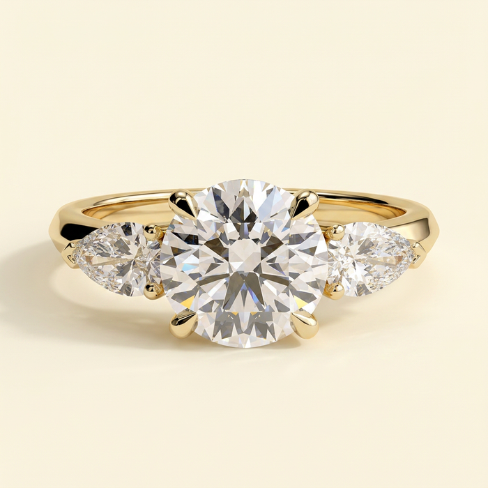 The Regalia - Round Cut Lab Grown Diamond Three Stone Engagement Ring with Pear Side Stones