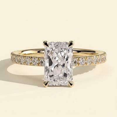 The Laela - Radiant Lab Grown Diamond Solitaire with Wrap Around Hidden Halo and Pave Band Ring