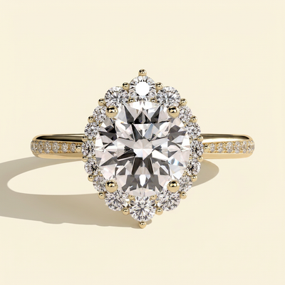 The Halia - Round Cut Lab Grown Diamond Vintage Halo Engagement Ring with Bead Set Micropave Band