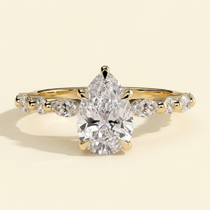 The Renelle - Pear Cut Lab Grown Diamond Five Claw Solitaire with Marquise and Round Accent Band