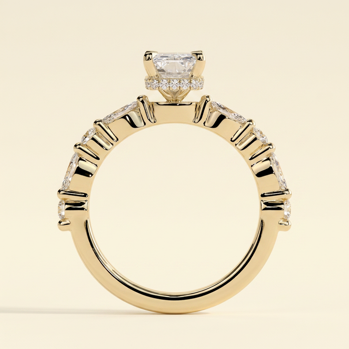 The Hana - Radiant Cut Lab Grown Diamond Hidden Halo Solitaire with Alternating Round and Marquise Accent Band Engagement Ring