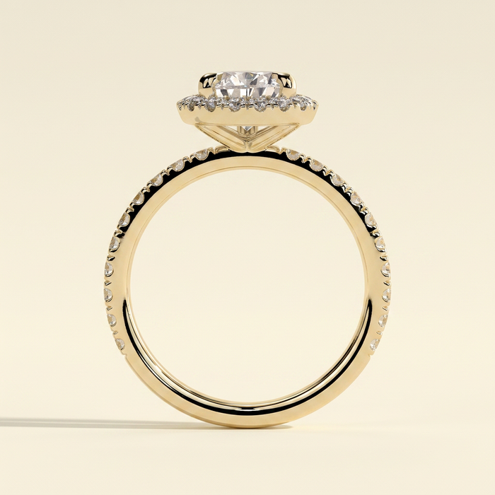 The Minelle - Pear Cut Lab Grown Diamond Three Claw Halo with Pave Band Engagement Ring