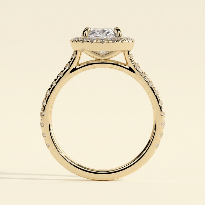 The Kavelle - Oval Cut Lab Grown Diamond Four Claw Halo Engagement Ring with Pave Band and Cathedral Setting