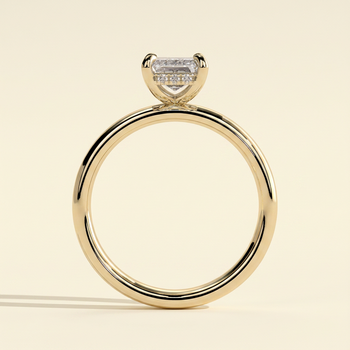 The Hera - Emerald Cut Lab Grown Diamond Hidden Halo Solitaire with Cigar Band Engagement Ring