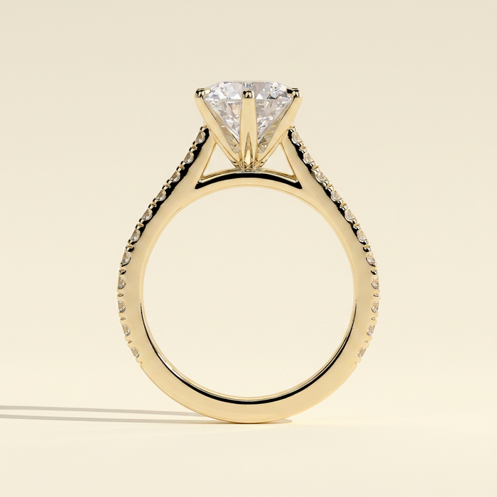 The Malia - Round Cut Lab Grown Diamond Six Claw Cathedral Solitaire with Pave Band Engagement Ring